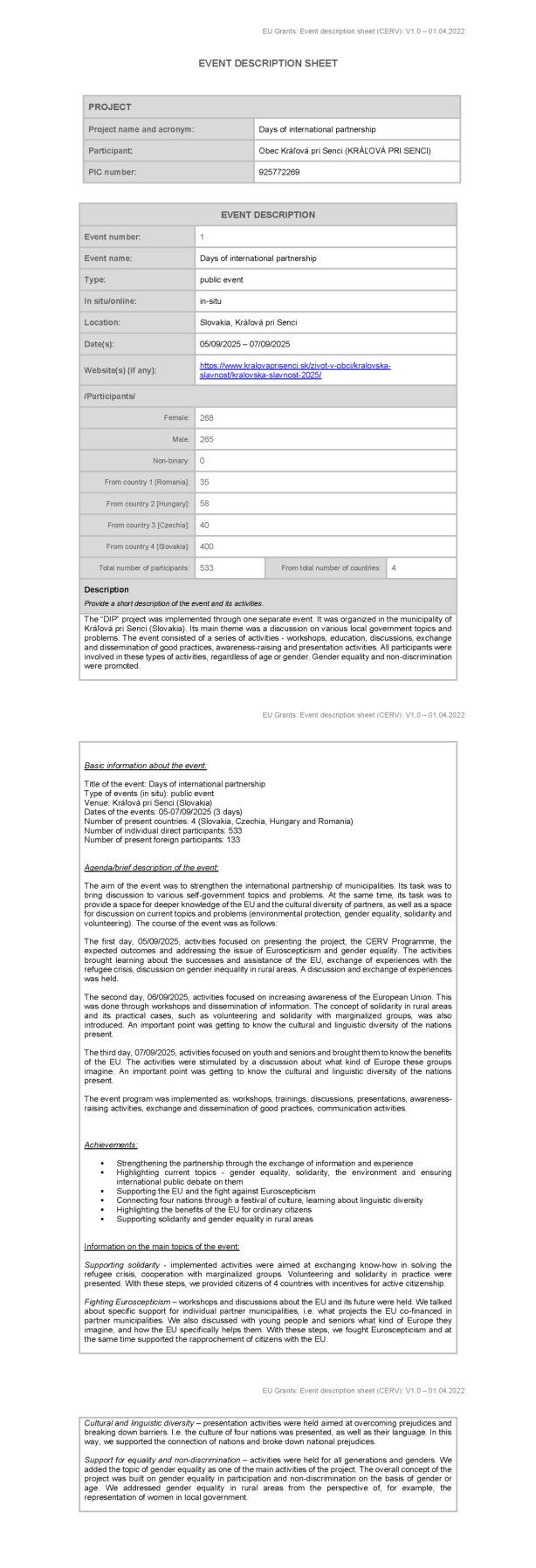 EVENT DESCRIPTION SHEET