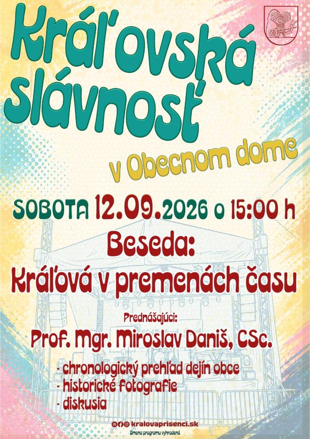 Pozvánka na sobotu 12.09.2026 - Beseda Kráľová v premenách času